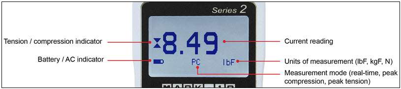 màn hình hiển thị của đồng hồ đo lực căng, lực nén series 2 mark 10